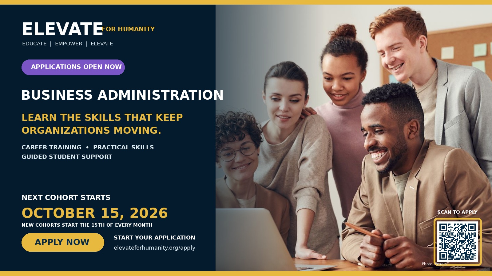 Business & Entrepreneurship applications open. Next cohort starts October 15, 2026. New cohorts start the 15th of every month.