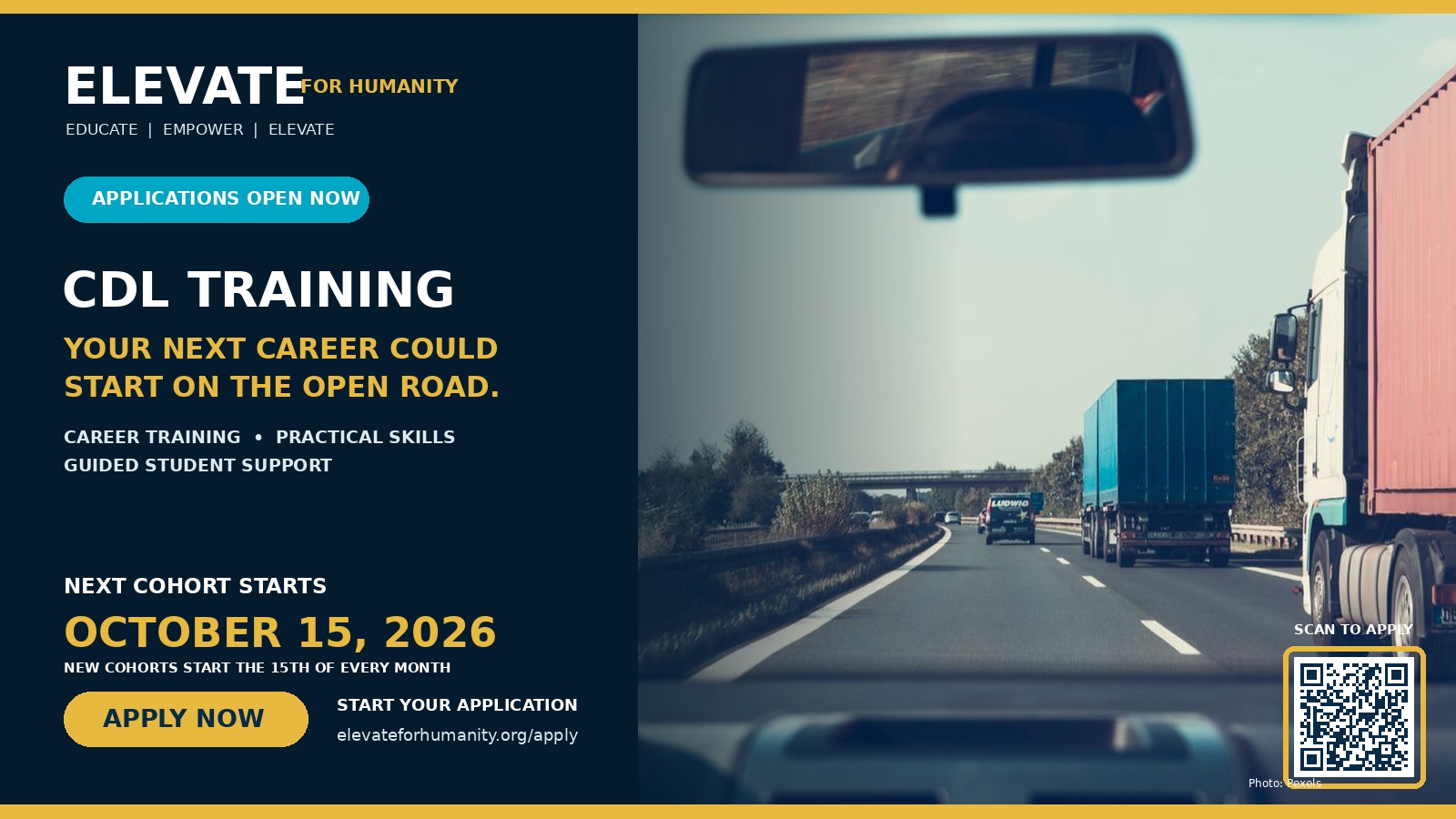 CDL Training Program (Class A & Class B) applications open. Next cohort starts October 15, 2026. New cohorts start the 15th of every month.