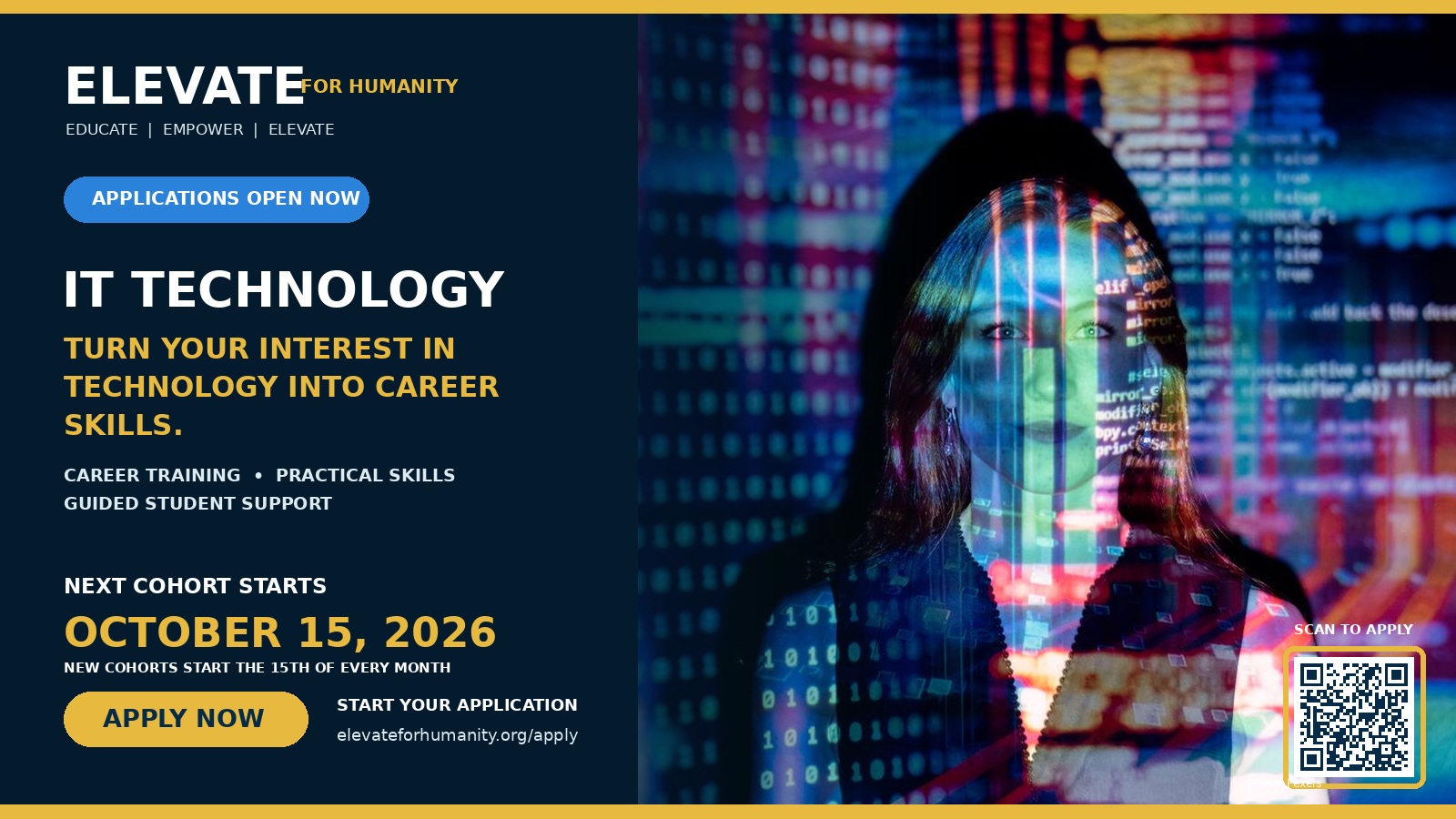 IT Help Desk Technician applications open. Next cohort starts October 15, 2026. New cohorts start the 15th of every month.