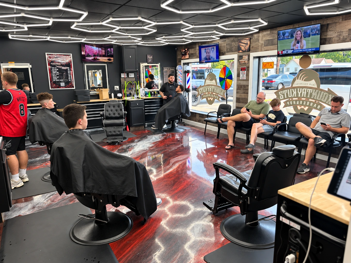 Barbers and customers inside Kountry Kutz Barbershop
