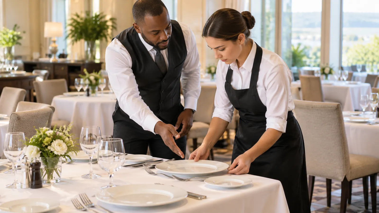 Illustrative hospitality instructor and learner preparing dining-room service
