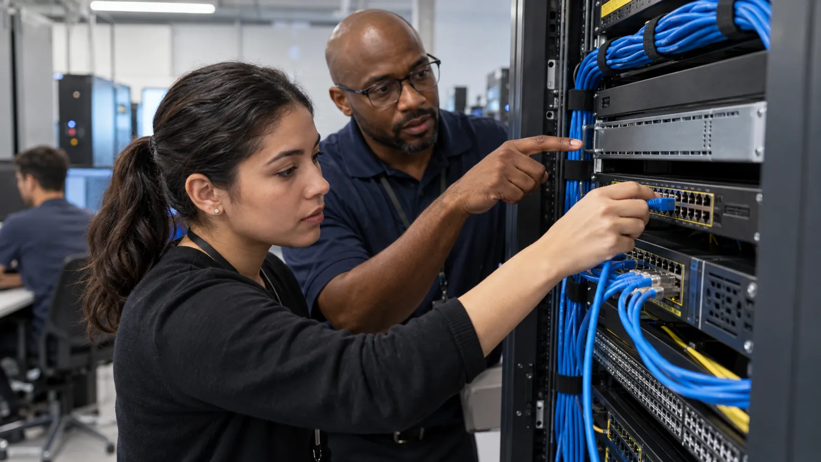 Illustrative instructor guiding a learner through network-switch connections