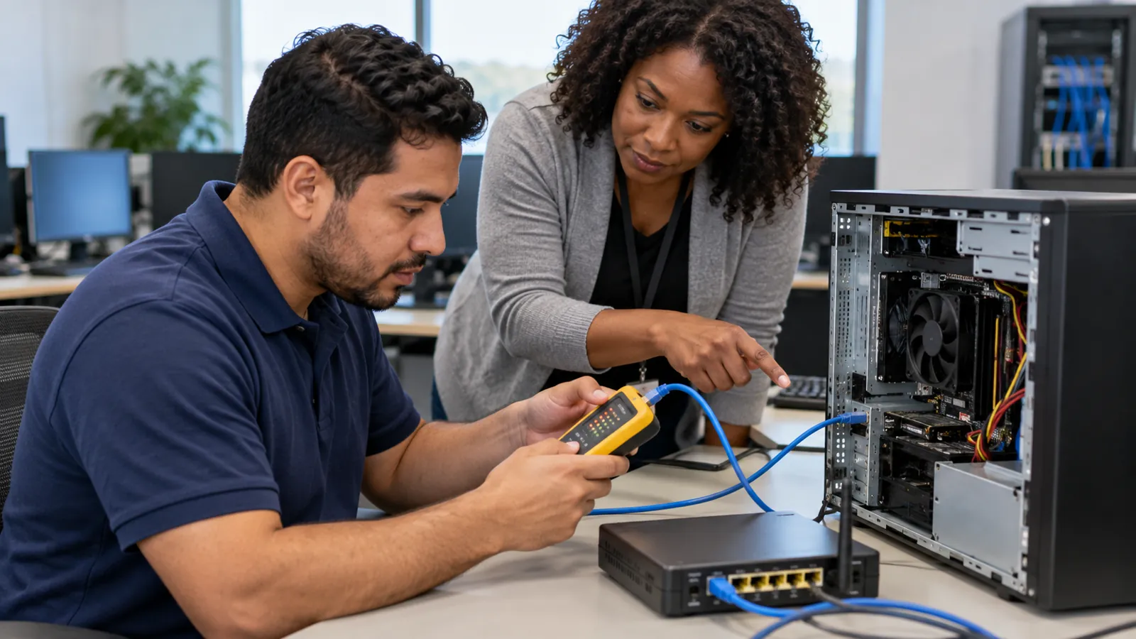Illustrative network-support training using a cable tester and router