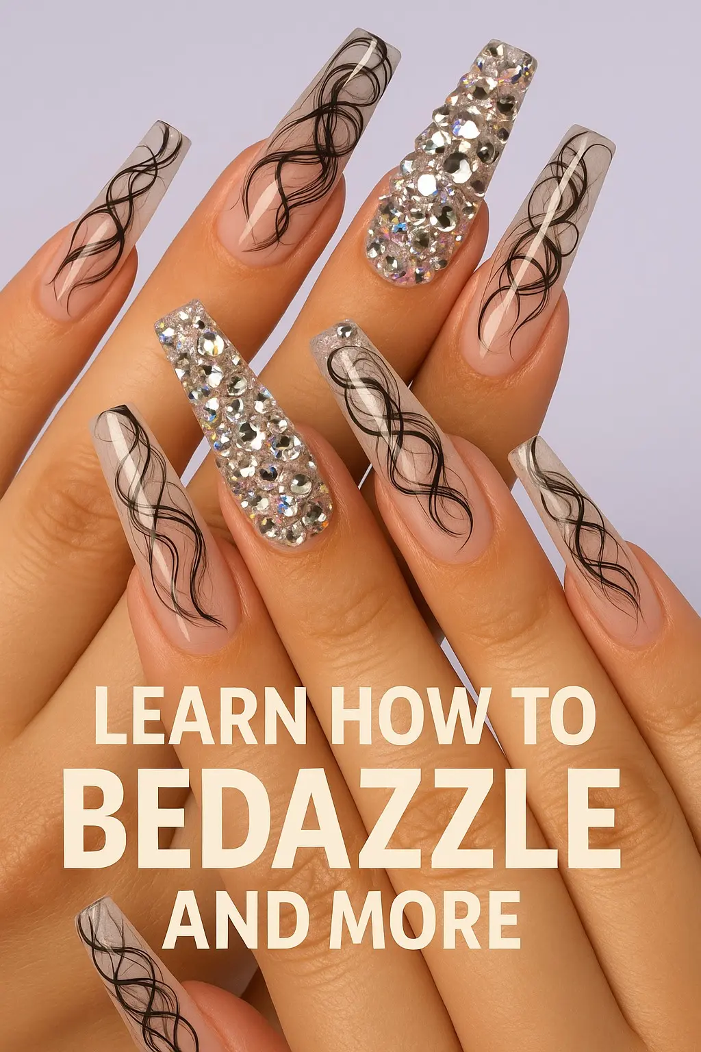 Crystal-covered and line-art coffin nails in a coordinated set