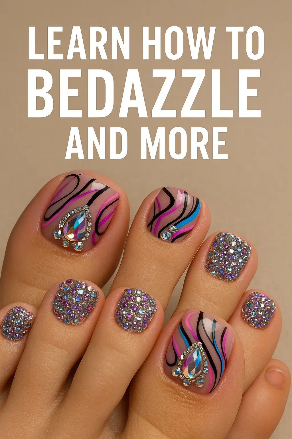 Short sculpted nails with colorful line art and gemstone accents