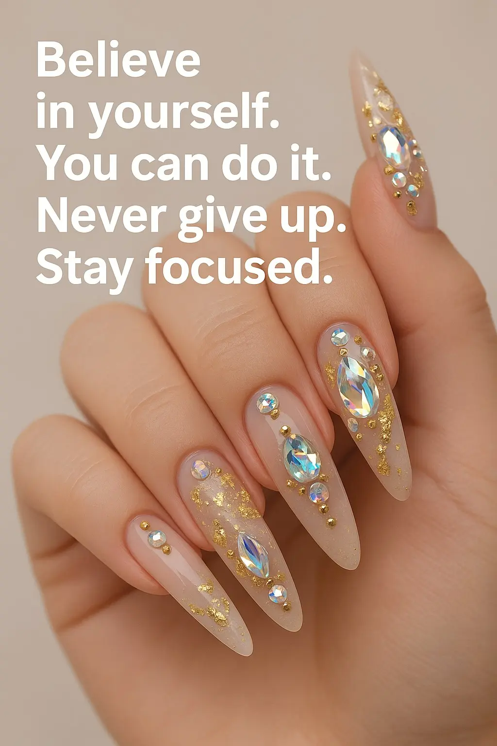 Long neutral nails decorated with gold leaf and iridescent crystals