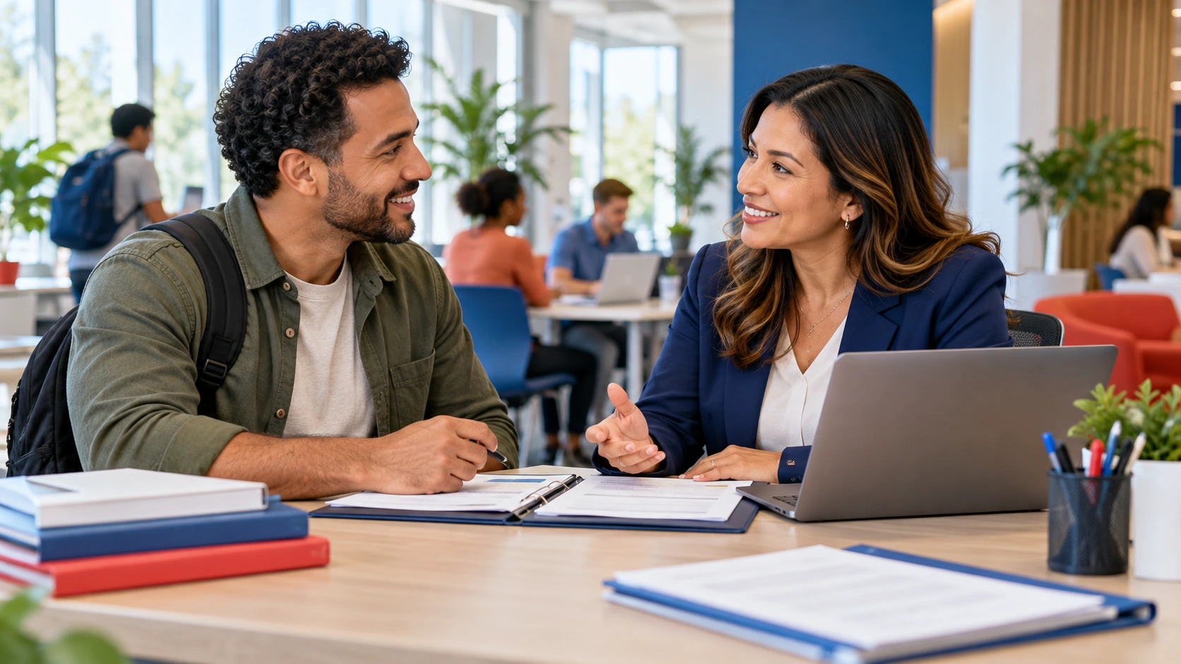 Illustrative career-training appointment with an advisor