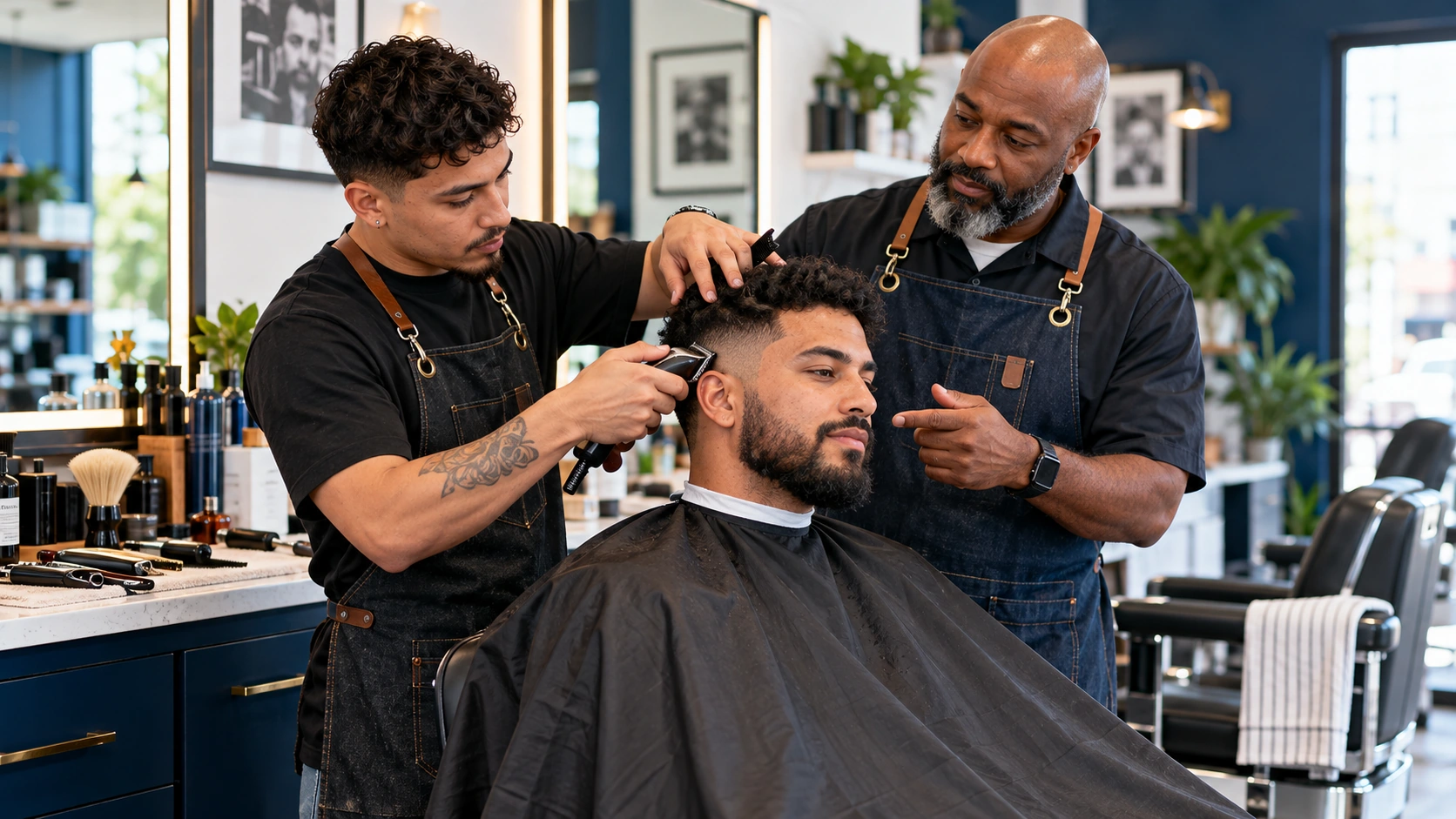 Illustrative barber instructor supervising an apprentice