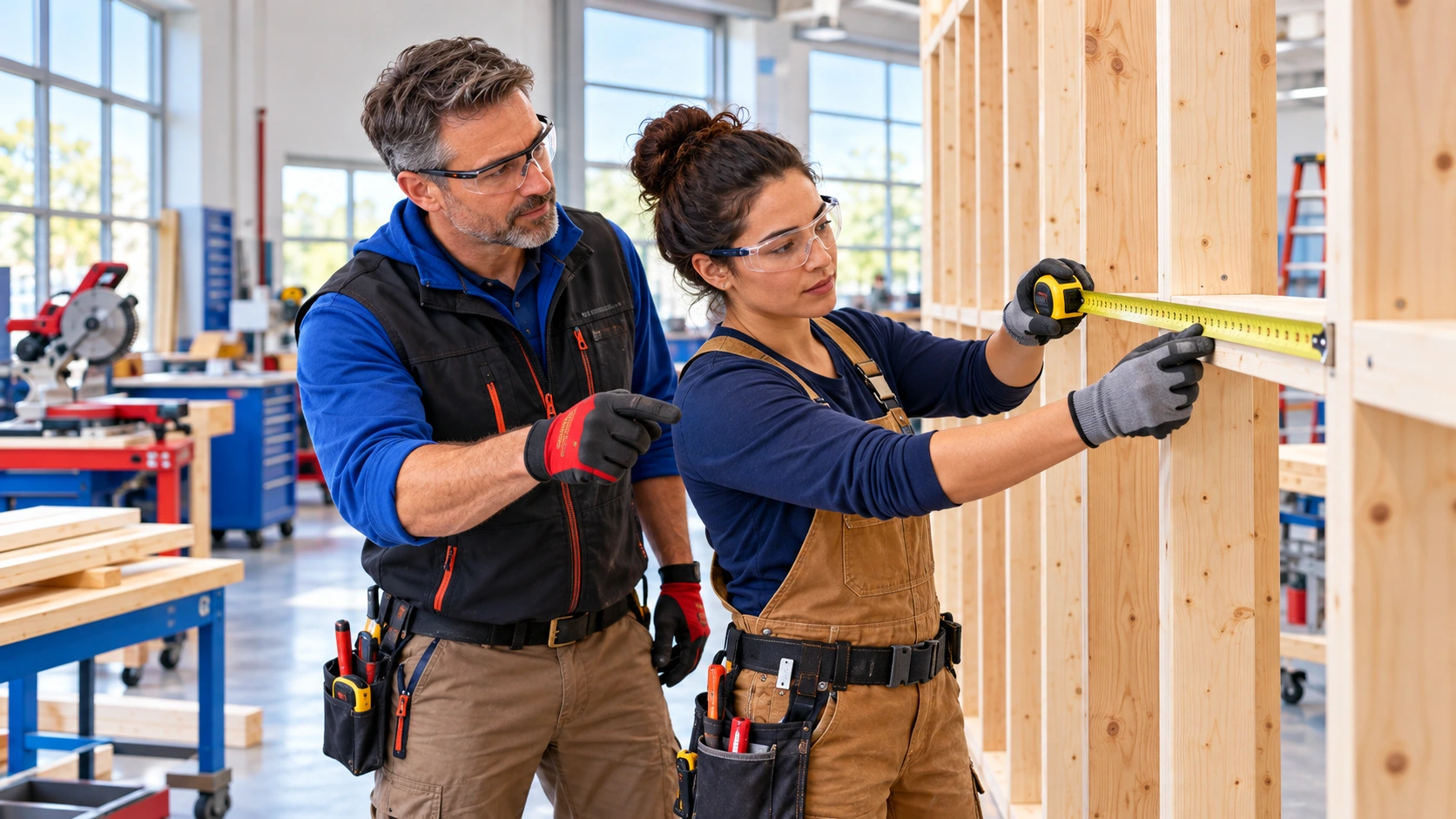 Illustrative Construction instructor and learner measuring a timber-frame training wall