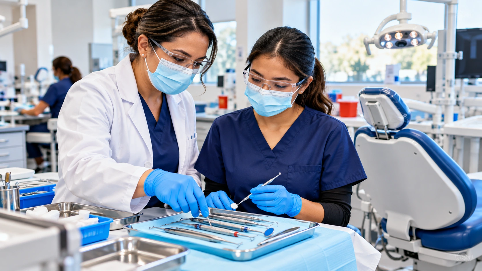 Illustrative Dental assistant instructor supervising instrument preparation in a skills lab