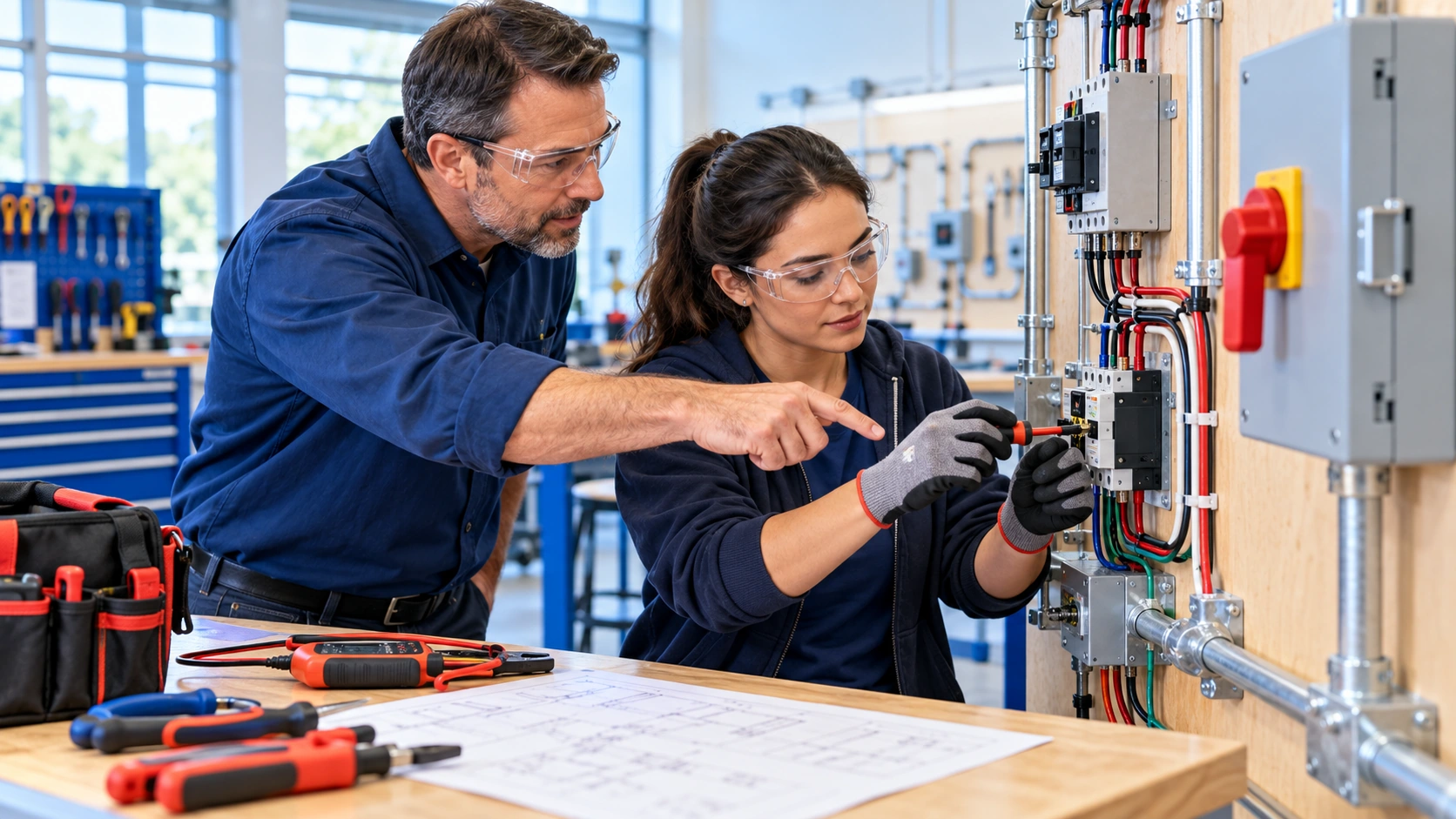 Illustrative Electrical instructor supervising practice on a de-energized training panel