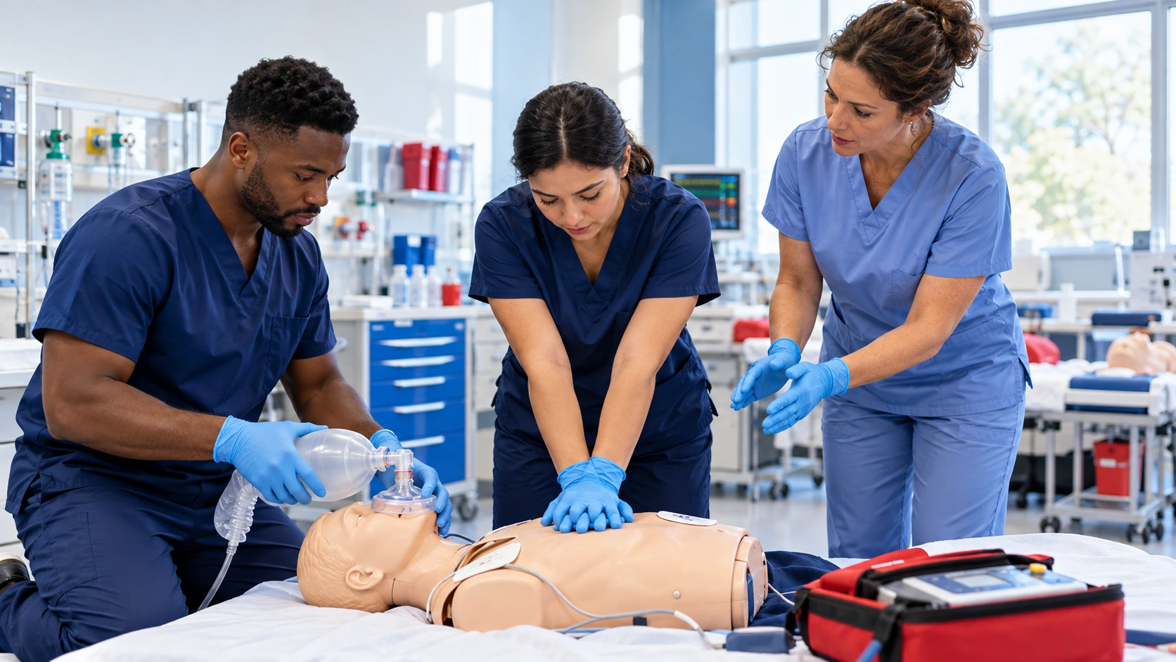 Illustrative instructor supervising learners in a healthcare skills lab