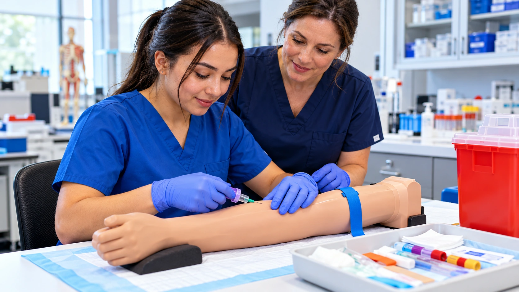 Illustrative allied health learner practicing on an artificial training arm