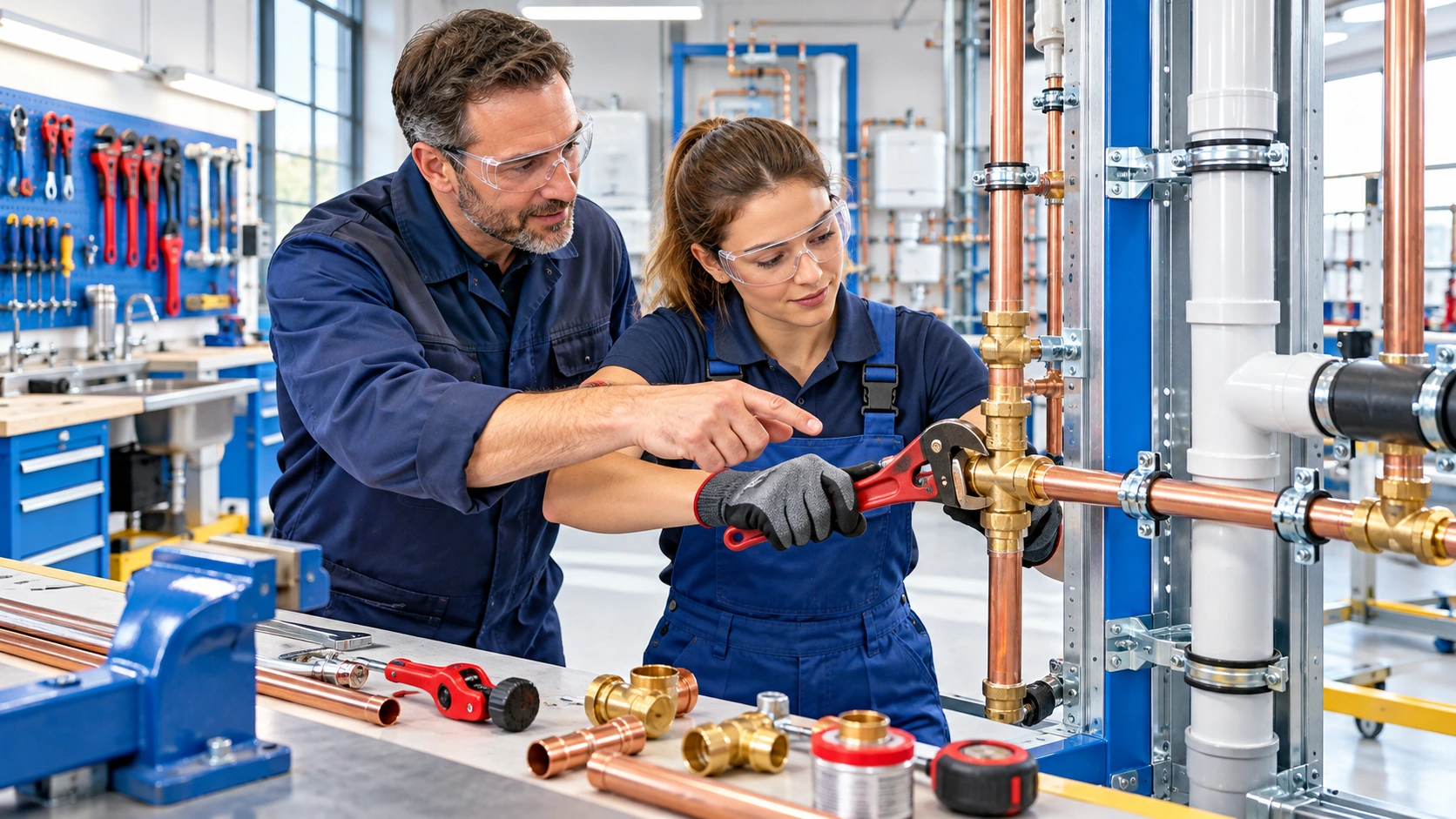 Illustrative Plumbing instructor supervising pipework assembly at a workshop training fixture