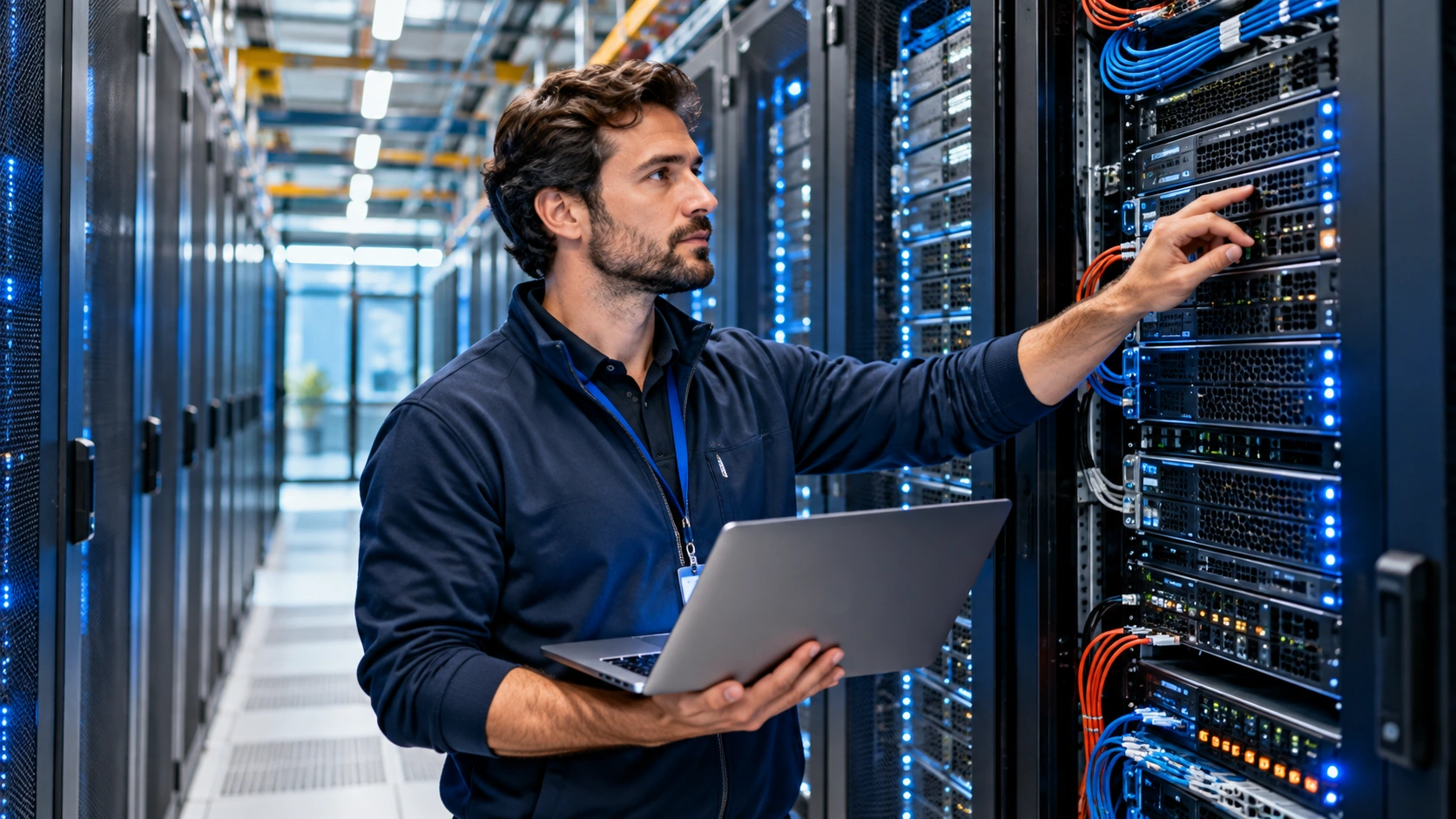 Illustrative engineer reviewing data-center server hardware