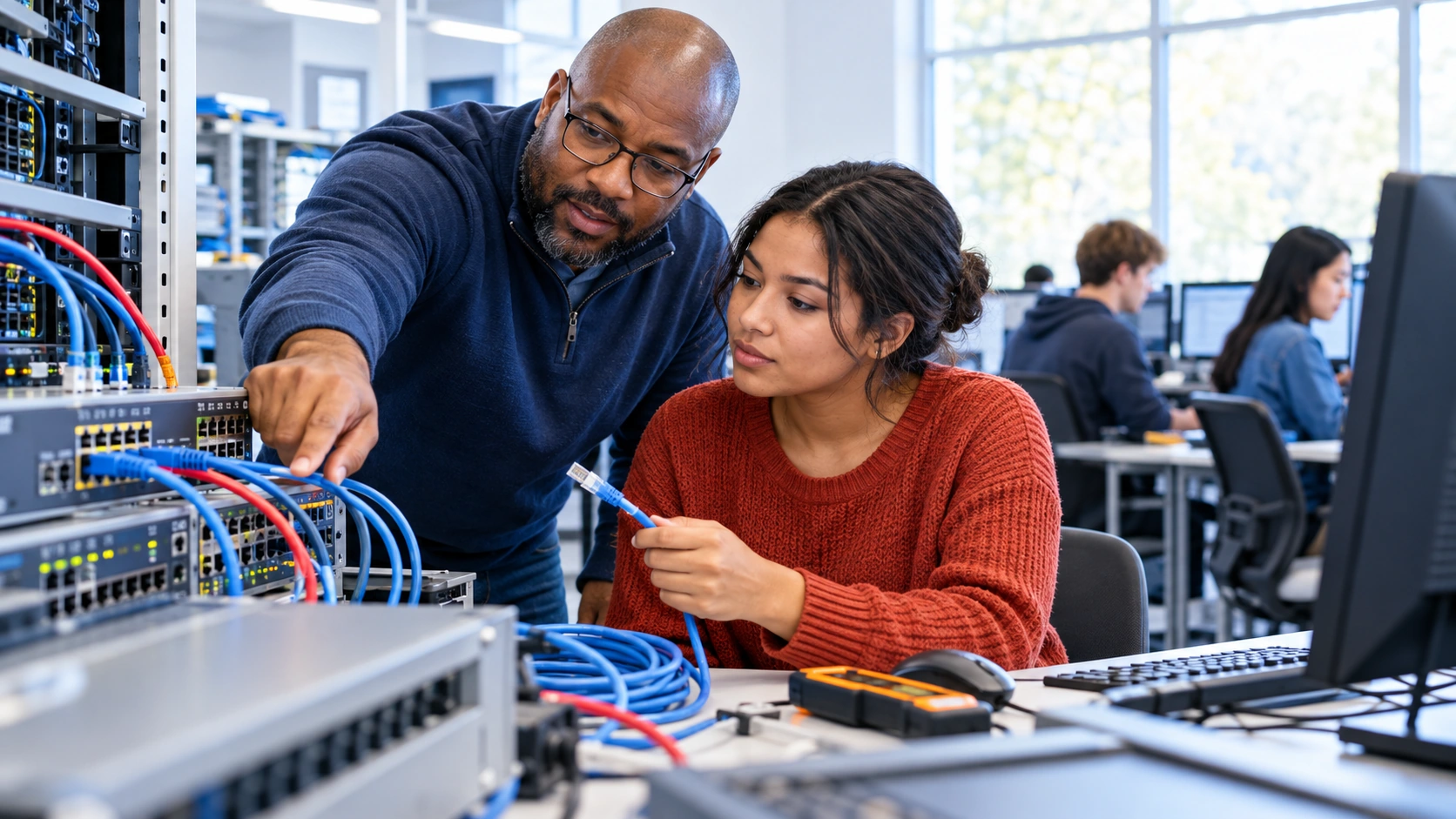 Illustrative information technology instructor and learner in a computer lab
