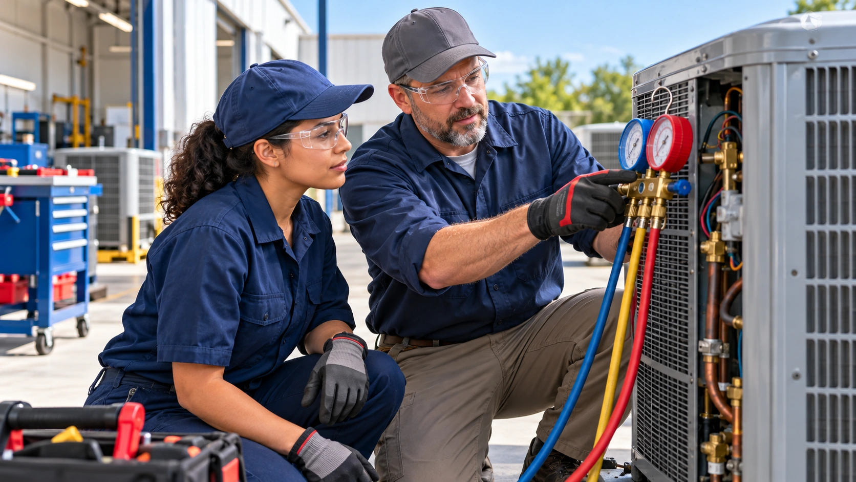 Illustrative instructor supervising HVAC refrigerant-service training