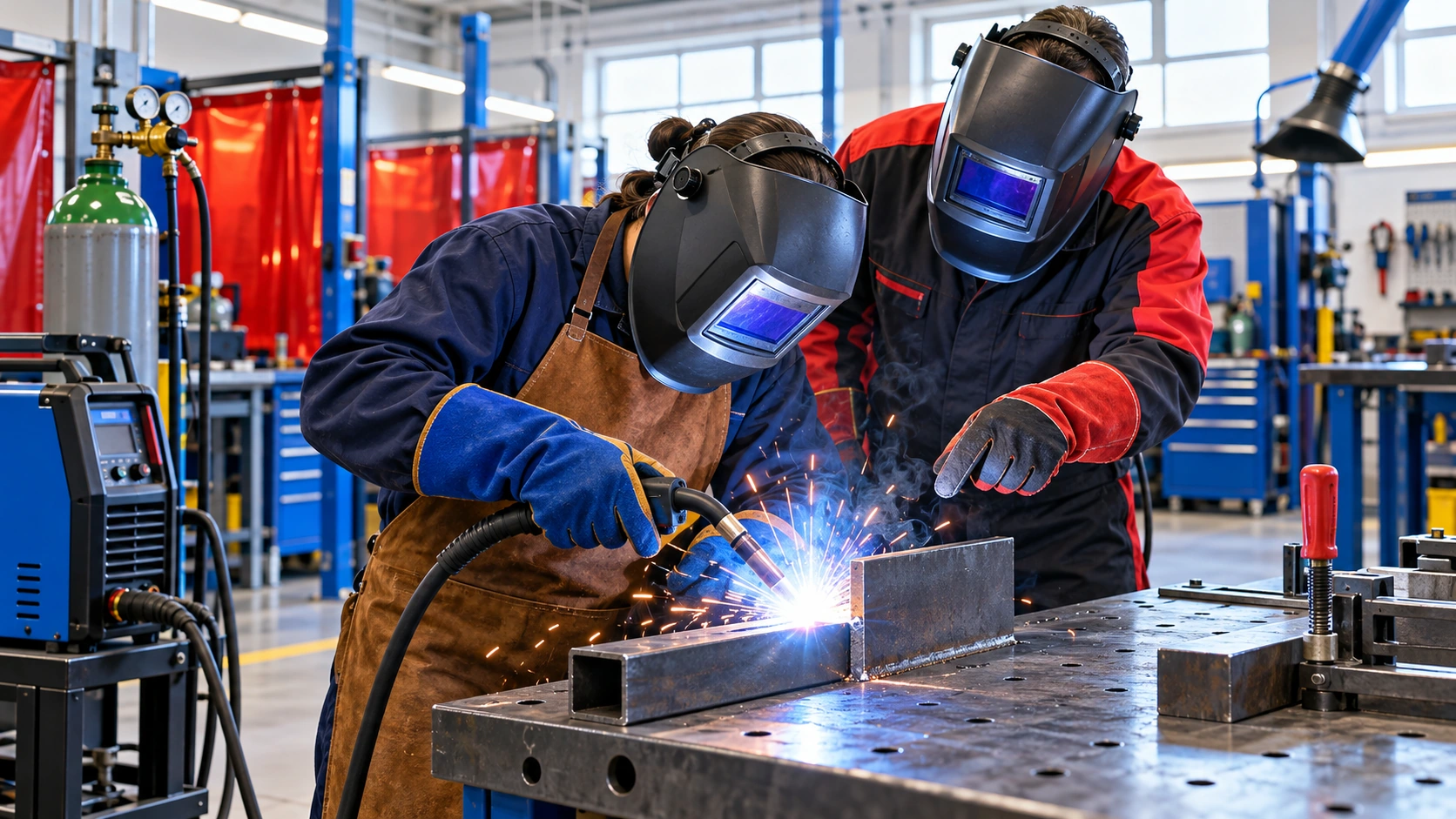 Illustrative Welding instructor supervising a learner with proper protective equipment